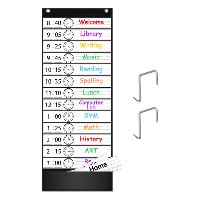 EAMAY Daily Schedule Pocket Charts, Teacher Schedule Chart with Resuable 18 Custom Cards, Classroom Pocket Chart for School Office or Homeschool Activities, Black - Image 1
